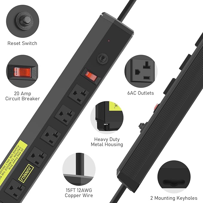 JUNNUJ Heavy Duty Metal Power Strip 20 Amp, High Amp Surge Protector 6 Outlet, 20A Power Strips Workshop Industrial Outlets Wide Spaced 6-20R T-Slot with Circuit Breaker, 12 Gauge Extension Cord 15ft