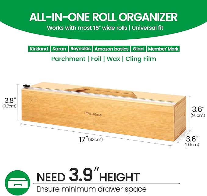 15 Inch Parchment Paper Dispenser with Cutter for Costco-Sized Roll, Bamboo Kitchen Drawer Organizer for Foil & Wax Paper, Wall-Mounted Large Food Wrap Holder