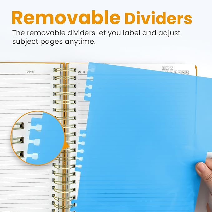 Hardcover Spiral Journal Notebooks for Work With Removable Dividers & Tabs, 8.5"x11" 5 Subject Notebook for Note Taking & Organizer, A4 College Ruled Lined Journal for Women & Writing, Yellow, 280 Pages