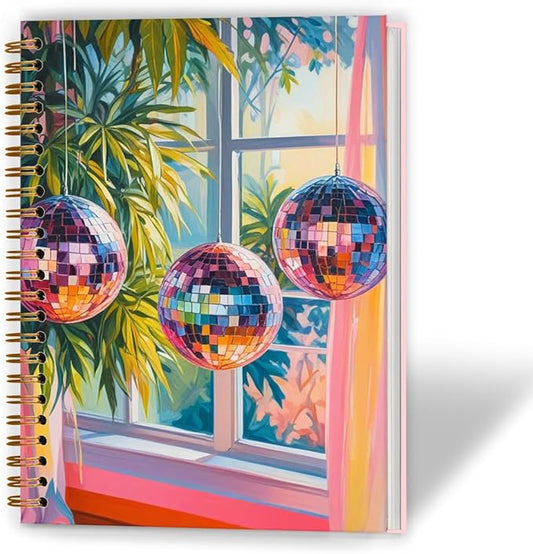 Vibrant Trendy Disco Balls Notebook, Funky Mirror Ball Journal, Maximalist Tropical Botanical Disco Journal, Modern Aesthetic Hardcover Spiral Notebook, 5.5x8.3 Inch