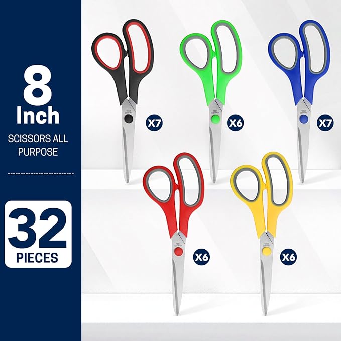 Scissors Bulk Set of 32-Pack, 8" All Purpose Multipurpose Sharp Sewing Craft Fabric Scissors for Office Home High/Middle School Student Office Teacher Art Supplies, Right/Left Handed