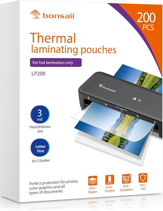 Bonsaii Laminating Sheets, 200 PCS 3mil Thermal Laminating Pouches, 9 x 11.5 inches, Letter Size, Clear and Durable, Suitable for Multiple Fields of Use-LP200