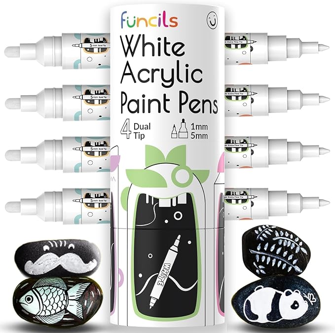 4 Dual Tip White Paint Pen - Extra Fine Tip & Medium - Permanent ink, White Acrylic Paint Pen for Wood, Fabric, Glass, Plastic, Ceramic, Rocks, Coloring Book Art - Acrylic Markers, Quick Dry