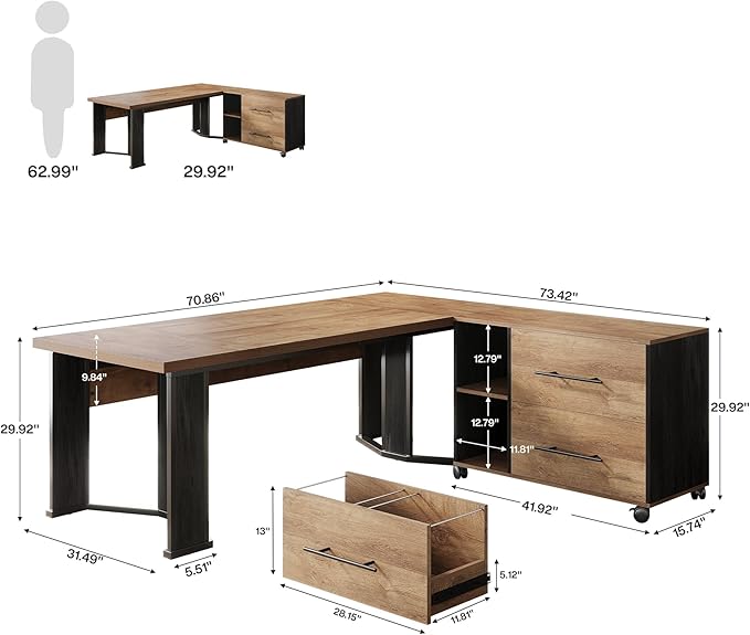 Tribesigns 70.86" Executive Desk with Mobile File Cabinet, Large L Shaped Computer Office Desk with 2 Drawers and Storage Shelves, Business Furniture Desk Workstation for Home Office (Light Brown)