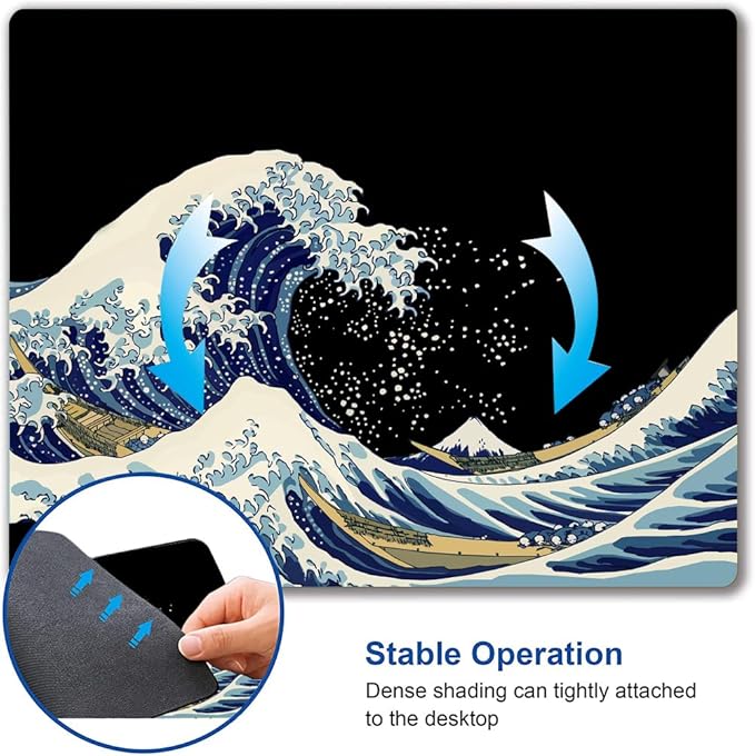 Mouse Pad, Japanese Sea Wave Design Mouse Pad, Washable Square Cloth Mousepad for Gaming Office Laptop, Non-Slip Rubber Computer Mouse Pads for Wireless Mouse, Cool Mouse Pads for Desk