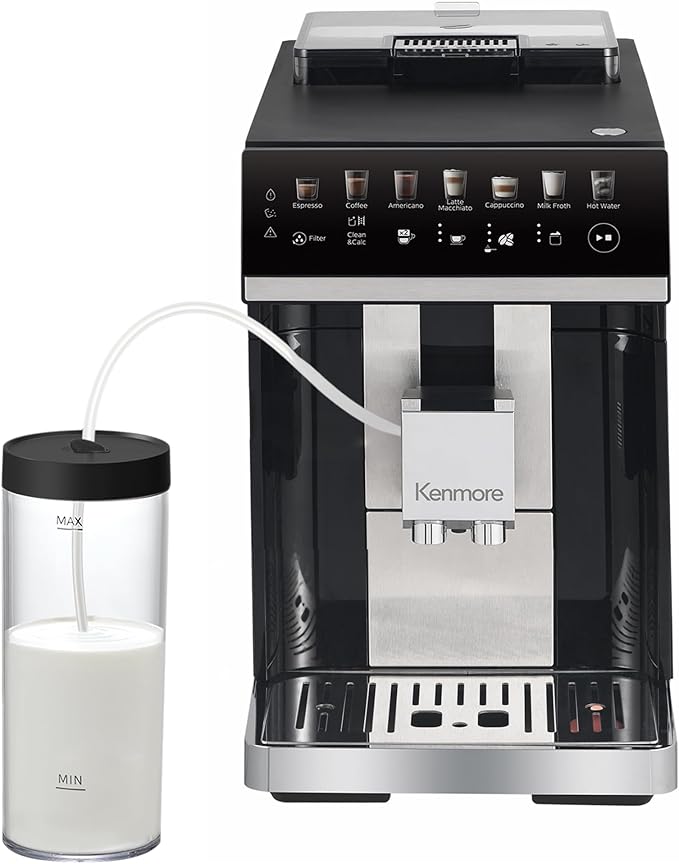 Koolatron Kenmore Espresso Machine – All-In-One Fully Automatic Coffee Maker with Auto Tamper, Descaler, Milk Steamer & Frother, Bean Grinder, Professional Barista Style Cappuccino, Cafe Latte, Black