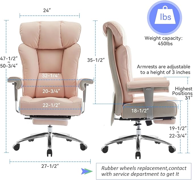 Efomao Big and Tall Ergonomic Office Chair 450LBS with Foot Rest, High Back PU Leather Executive Chair with Adjustable Padded Armrests, Lumbar Support for Home or Work, Heavy Duty Computer Chair, Pink