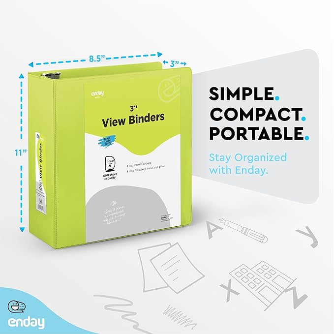 3 Slant D-Ring Binder 3 Inch, 3 in Clear View Cover with 2 Inside Pockets Binder, Heavy Duty Colored School Supplies Binders in Red, Green, Grey, Purple, Blue, Pink, Multicolor (6 PC) – by Enday