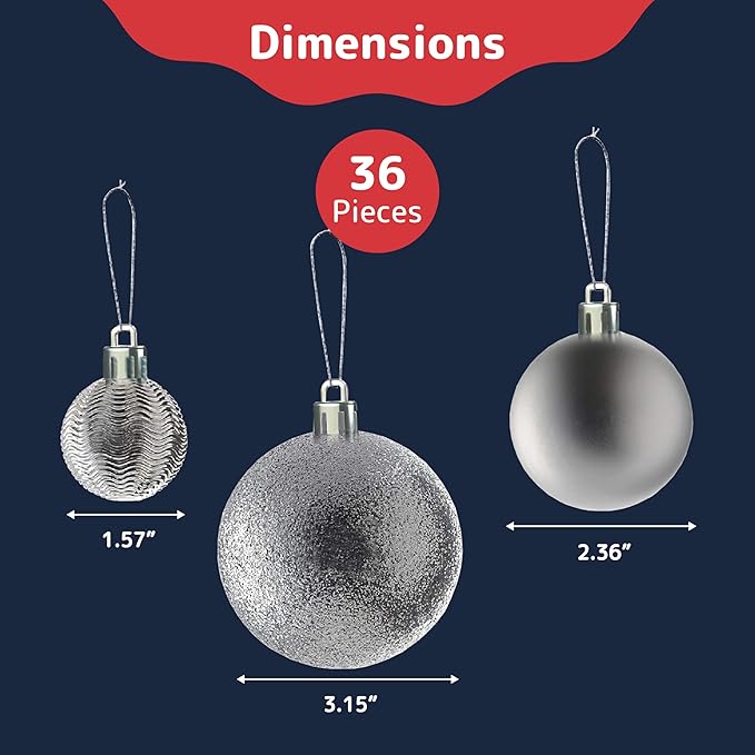 Prextex 36pc Silver Christmas Ornaments Set - Shatterproof Christmas Tree Ornaments in 3 Sizes and 6 Styles - Hanging Balls with Loops in Matte, Shiny, and Glitter Finishes for Indoor-Outdoor Display