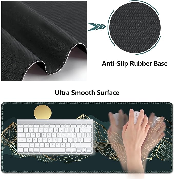 AIMSA Keyboard & Mouse Pad Set, Extended Desk Mat + Ergonomic Mouse & Keyboard Wrist Rest Support, 35x15.7in Abstract Gold Sun Mountain