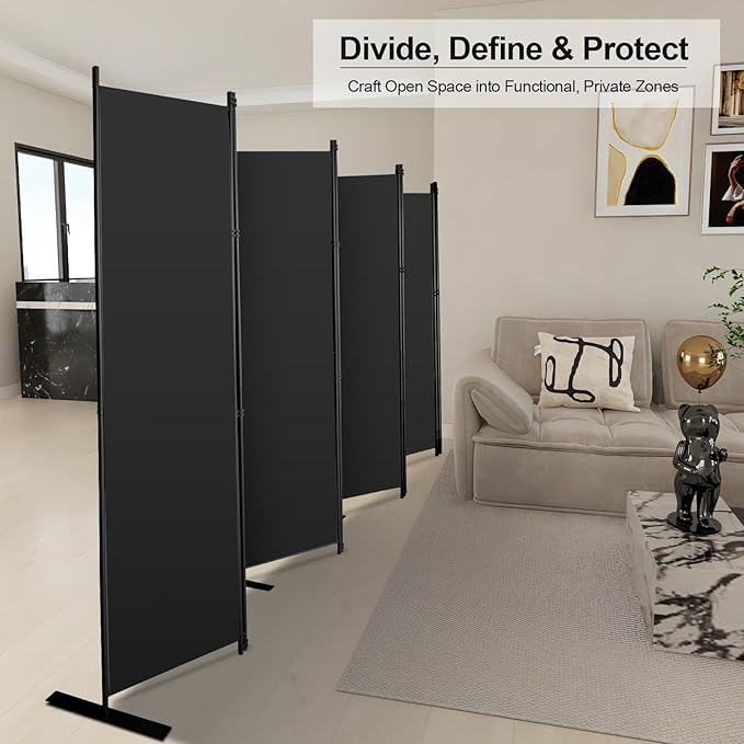 MAYOLIAH 8-Panel Black Room Divider 6ft Tall Folding Privacy Screen Portable Office Partition 160" W X 72" H