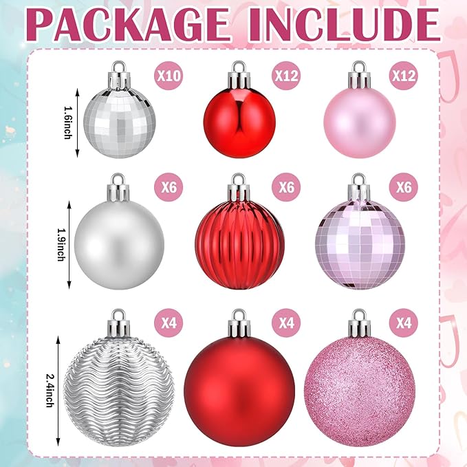 64 Pcs Christmas Ball Ornaments Pink Red and Silver Christmas Ornaments Glitter Valentine's Day Ball Ornament Assorted Size Xmas Ornament Valentines Decoration for Tree Home, 1.6/1.97/2.4 Inch