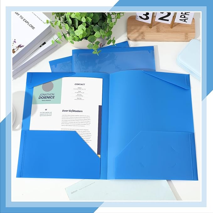 Henoyso 60 Pcs Plastic Folders with Clear Front Pockets Heavy Duty File Folders with 2 Pockets and Card Slot for Student Communication School Office Presentation Report (Blue)