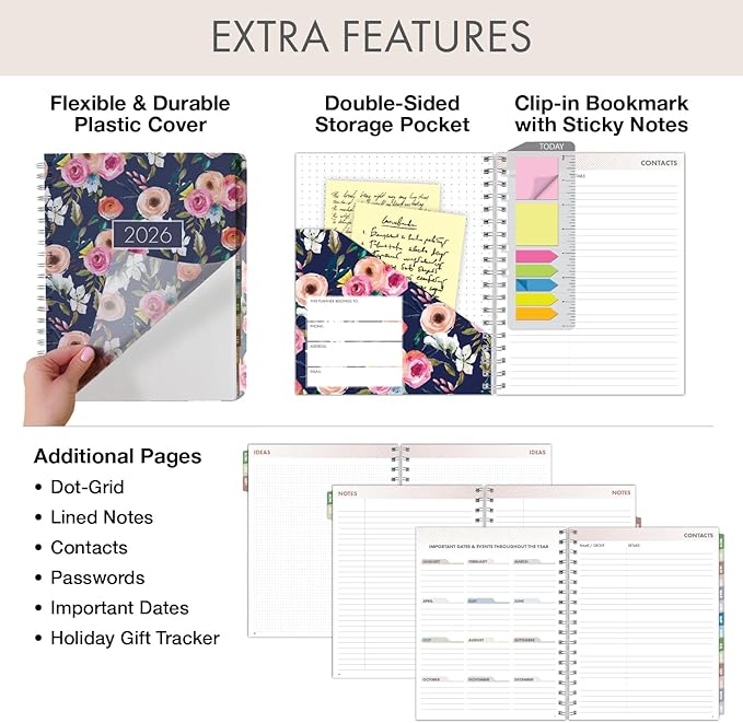 Essential PRO 2026 Daily, Weekly & Monthly Planner, 7"x9": 14 Months (Nov 2025 - Dec 2026) Monthly Tabs,Daily Tracking,Notes Pages,Storage Pocket,Bookmark w Sticky Notes (Small Navy Floral)
