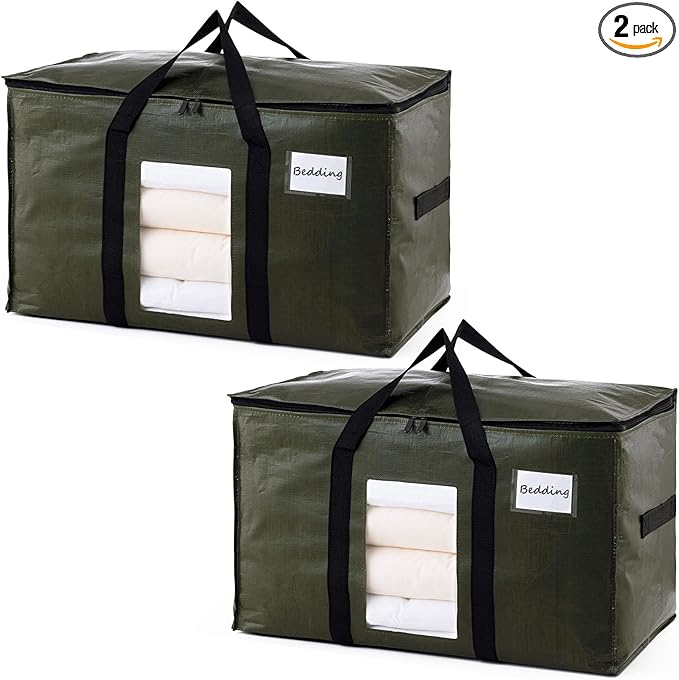TAILI 2 Pack Green Extra Large Storage Bags, Heavy Duty Totes with Visible Window, Wrap Around Handles, Perfect for Moving