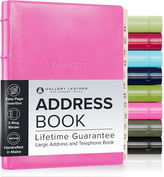 Gallery Leather Large Address Book with Alphabetical Tabs up to 480 Records, Leather Notebook Hardcover, Telephone and Address Books - 9x7", Desk Address, Acadia Hope