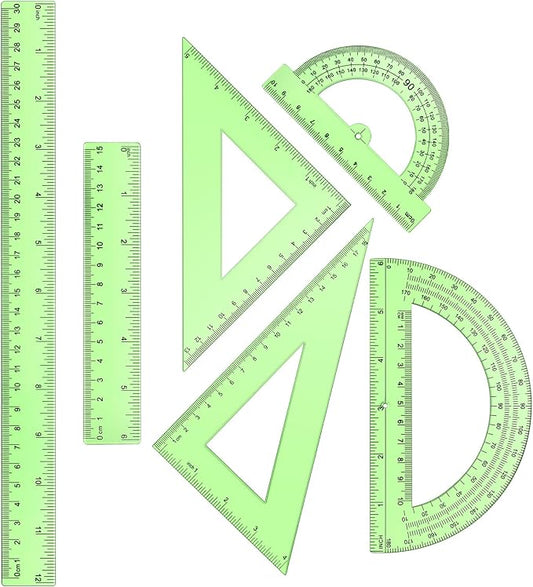 Tenare 6 Pcs Plastic Ruler Math Set Includes 12 Inch 6 Inch Straight Protractor Triangle Geometry Transparent Math Ruler Measuring Tools for School Office Home(Green)