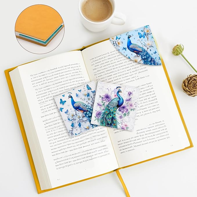 Peacock Corner Bookmarks, Cute Leather Book Accessories for Book Lovers, 3 Pcs Reading Book Page Markers for Women Men Student Teacher Girls Boys Kids Retirement Birthday Gifts