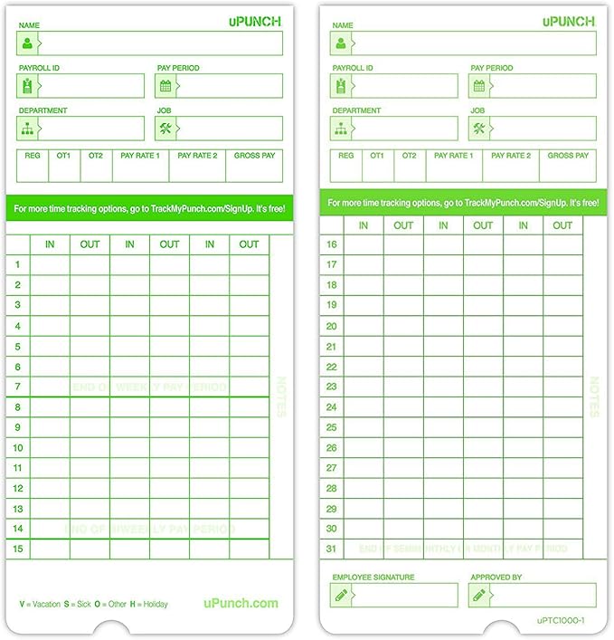 uPunch Time Clock Cards Hn3000, Two Sides, 7.37 X 3.37, 50/Pack