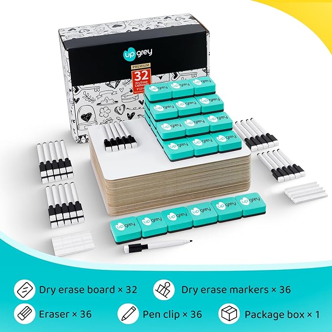 Dry Erase Lapboards 32 Pack, Double-Sided Small White Board for Classroom Student, 9"x12" Portable Dry Erase Board Bulk, Mini Whiteboard with 36 Pens, 36 Erasers & 36 Pen Holders, for Teacher Supplies