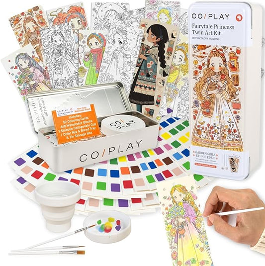 COIPLAY 648 Color Blocks Watercolor Paint Set, 52-Bookmarks, 3 Brushes, Silicone Cup, Fairytale Princess Coloring Books, for All Ages, Travel-Friendly, Easy to Use, All in One, Art Supplies Craft kit