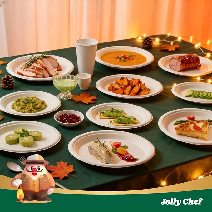 JOLLY CHEF Compostable Heavy Duty Plates 𝟭𝟬 𝗜𝗻𝗰𝗵 [𝟱𝟬𝟬 𝗣𝗮𝗰𝗸] Eco-Friendly Disposable White Paper Plates Made of Bagasse Biodegradable Bulk for Party Dinner Sugarcane Thanksgiving Day