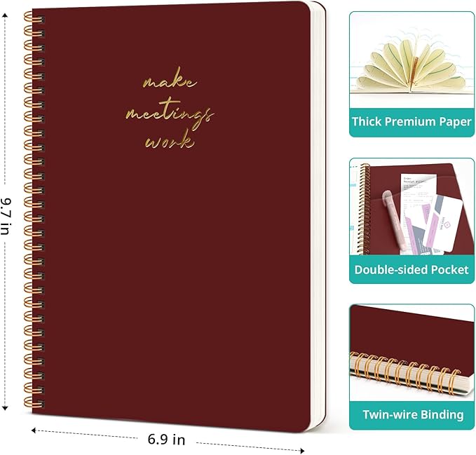 Taja Meeting Notebook for Work Organization - Work notebook with action items, Meeting Minutes Planner Notebook, Perfect Office Supplies for Men & Women - Burgundy