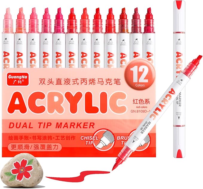 kander 12 Colors Dual Tip Acrylic Paint Markers, Red Color — Extra Fine & Soft Brush Pen Set with Direct Ink Flow for Sketching, Detailing, Coloring on Wood, Canvas, Rock, Glass, DIY Crafts
