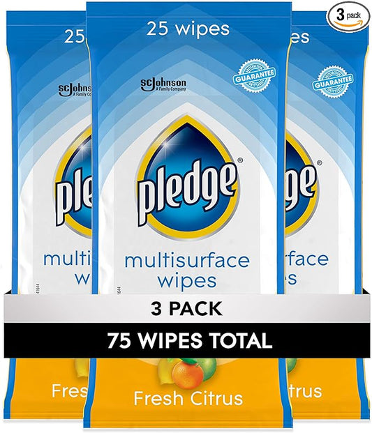 Pledge Multisurface Cleaning Wipes, pH Balanced, Fresh Citrus, 25 Count (Pack of 3, 75 Total Wipes)