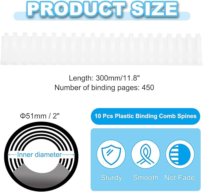 PATIKIL 51mm (2") Plastic Binding Combs, 10 Pcs 21 Rings Comb Binding Spines 450 Sheet Capacity Letter Size for Binding Paper Sheets Notebook Calendar Picture Album, White