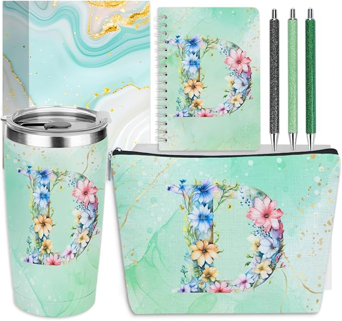 Personalized Gifts Monogrammed Birthday Gifts for Women, Boss Teacher Appreciation Christmas Initial 20 oz Tumbler, Makeup Bag Cup Ballpoint Pens Journal Notebook 6 Set, (Aesthetic Green Flower D)