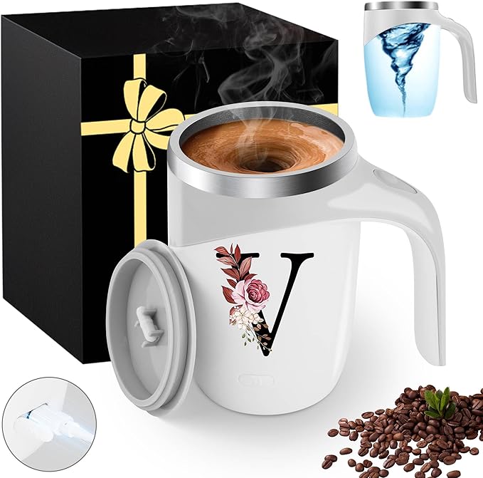 Initial Magnetic Stirring Coffee Mug Stainless Insulated Travel Cup Women Men Teacher Christmas Math Piano Gifts Future Mentor Speech Substitute Ballet Drama Guitar Montessori Physics Chemistry Band,V