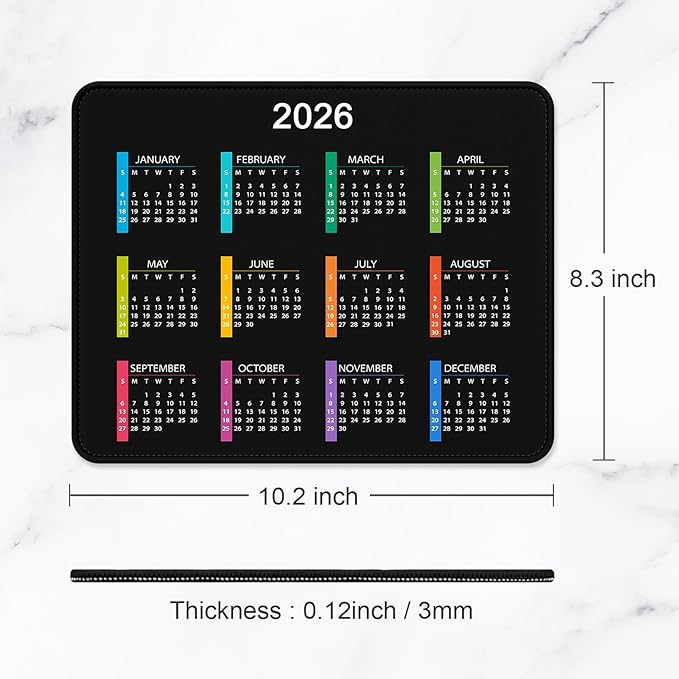 2026 Calendar Mouse Pad, Square New Year 2026 Mousepad 10.2 x 8.3 Inch, Stitched Edge Anti-Slip Waterproof Rubber Computer Mat for Office, Gaming, Laptop, New Year Office Supplies Gift, Black