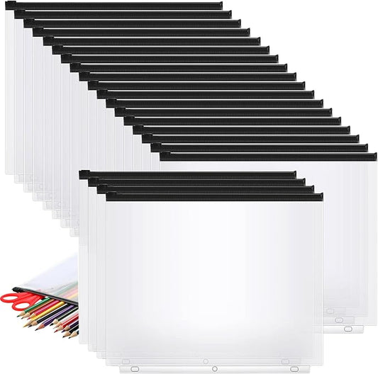 40 Pieces Binder Pockets 3 Hole Zipper Pouch 3 Ring A4 Pockets with Zipper Binder Folders Plastic Pouches Loose Leaf Bags Waterproof PVC Document Filing Bag(Black)