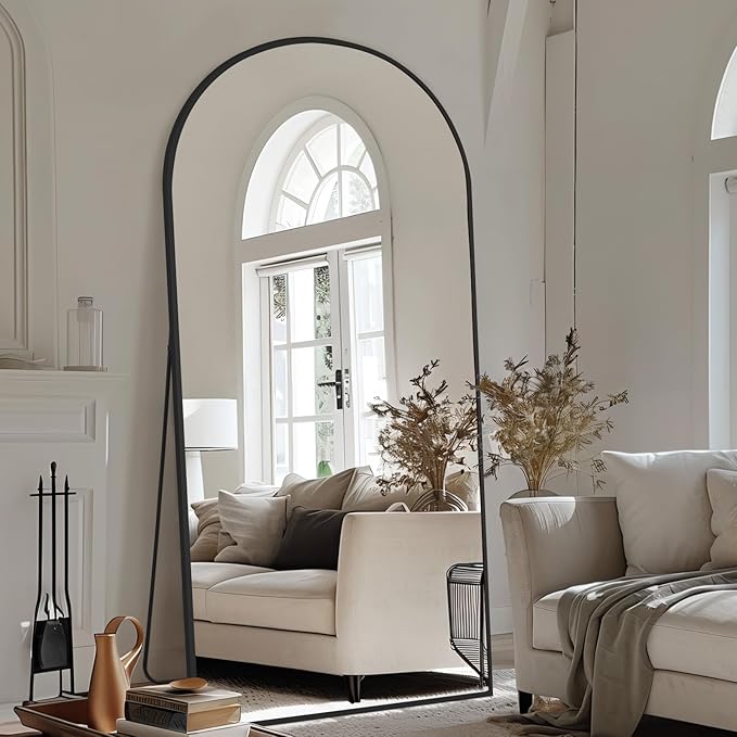 Large Arched Floor Mirror Full Length with Stand, 71''x32'' Black Standing Full Length Mirror for Bedroom Living Room Gym, Aluminum Alloy Frame