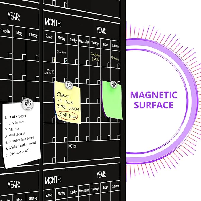Magnetic Whiteboard Calendar Black Glass Board Yearly Calendar - 35" X 47" Large Wall Calendar - White Board Dry Erase Planner for Wall Home, School, Office