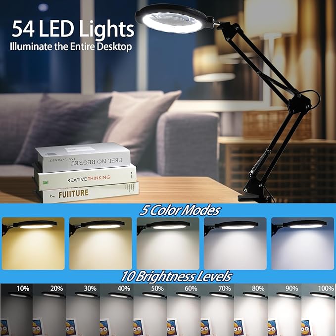 12X Floor Magnifying Glass with Light and Stand, 5.2" Large Floor Lamp Magnifier with 5 Color Modes 10 Dimmable Brightness, Hands Free Lighted Magnifying Glass with Clamp for Close Work Sewing (Black)