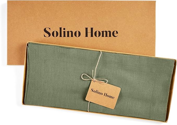 Solino Home Linen Table Runner 48 Inches - 100% Pure Linen Oil Green Table Runner 14 x 48 Inch Ideal for Dresser and Coffee Tables - Fall, Autumn, Thanksgiving - Fete