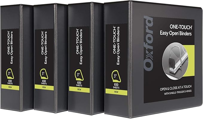 Oxford 3 Ring Binders, Binders for School and Office, 3 Inch ONE-Touch Easy Open D Rings, 3-Sided View Binder Covers, Xtralife Hinge, Non-Stick, PVC-Free, Black, 650-Sheet Capacity, 4 Pack (79914)