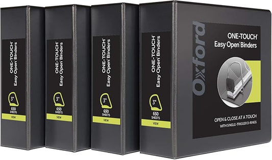 Oxford 3 Ring Binders, Binders for School and Office, 3 Inch ONE-Touch Easy Open D Rings, 3-Sided View Binder Covers, Xtralife Hinge, Non-Stick, PVC-Free, Black, 650-Sheet Capacity, 4 Pack (79914)