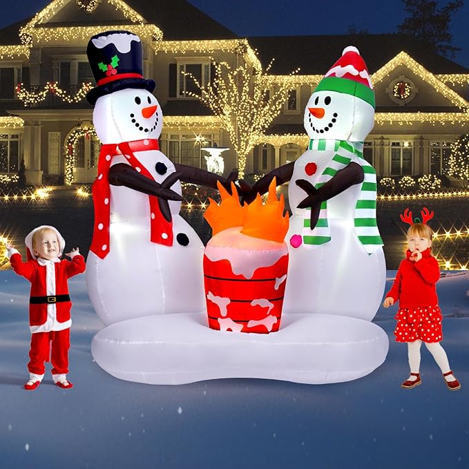 Outdoor Christmas Decoration, 8FT Inflatable Christmas Snowmen with Fire Flame Lights Decorations,Outdoor Christmas Blow Up Yard Decorations with Built-in LED for Outside, Holiday Lawn,Yard, Garden