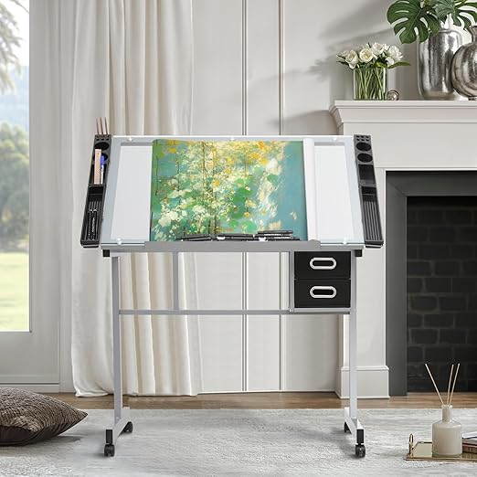 MoNiBloom Drafting Table on Wheels with Storage & Side Tray - Adjustable 0-65° Glass Tabletop, Replaceable Feet Art Desk