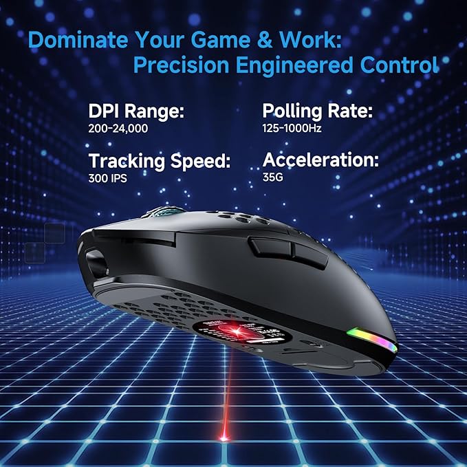 TMKB Falcon M1 Wireless Gaming Mouse, 24000DPI Optical Sensor, 180Hrs Battery, Lightweight, 6 Programmable Buttons, RGB Strip, 2.4G/BT5.2/USB-C Wired for PC/Mac/Laptop - Matte Black