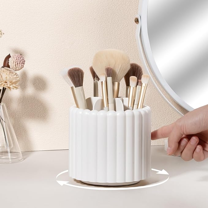 Anyoifax 360 Rotating Makeup Brush Holder 7 Slots Make Up Brush Organizer Removable Spinning Cosmetic Brushes Storage Pen Holder for Vanity, Dresser, Desk, White
