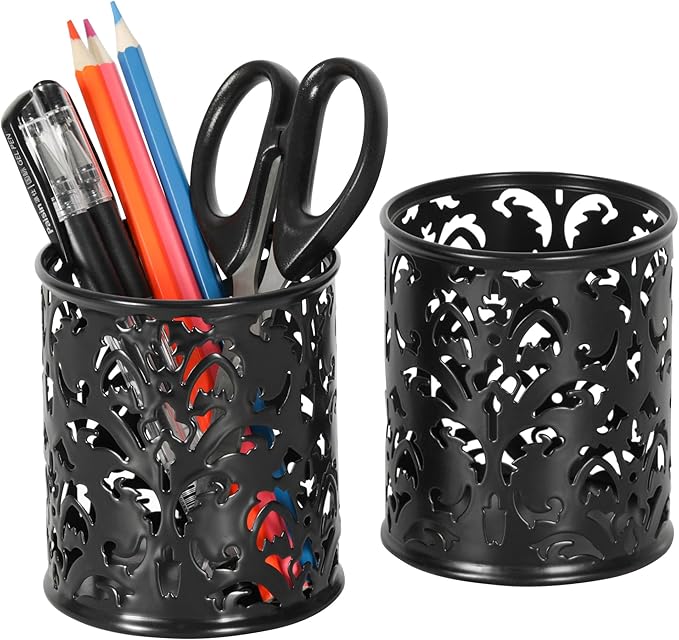 EasyPAG Metal Round Pencil Holder 2 Pack Black Pen Cup Holders Organizer for Desk