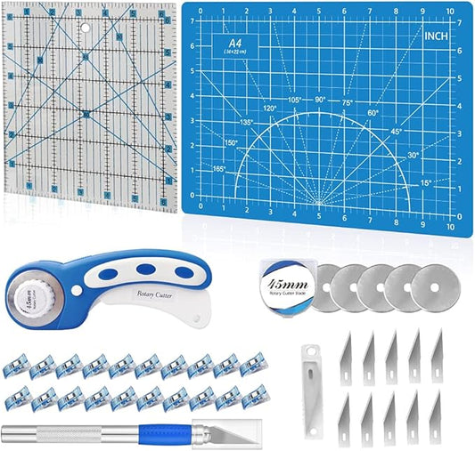 39 Pcs Rotary Cutter Set Blue - Quilting Kit incl. 45mm Fabric Cutter with 5 Extra Blades, A4 Cutting Mat, 2 Craft Knife Set, Quilting Ruler and Sewing Clips, Ideal for Crafting, Sewing, Patchworking