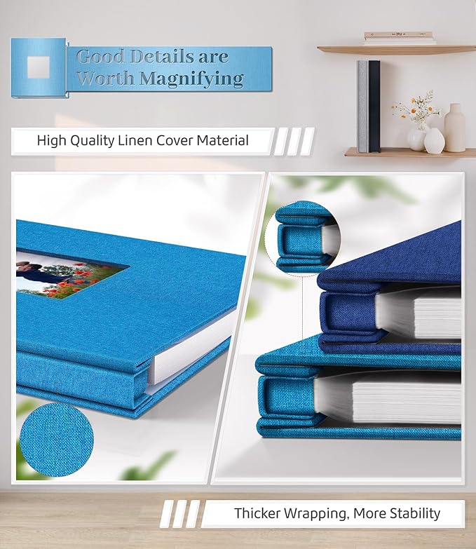 Photo Album Self Adhesive Scrapbook Album for 3x5 4x6 5x7 8x10 Pictures,40 Pages Linen Cover with Display Window DIY Photo Book,Ideal Gifts for Family Travel Wedding Baby