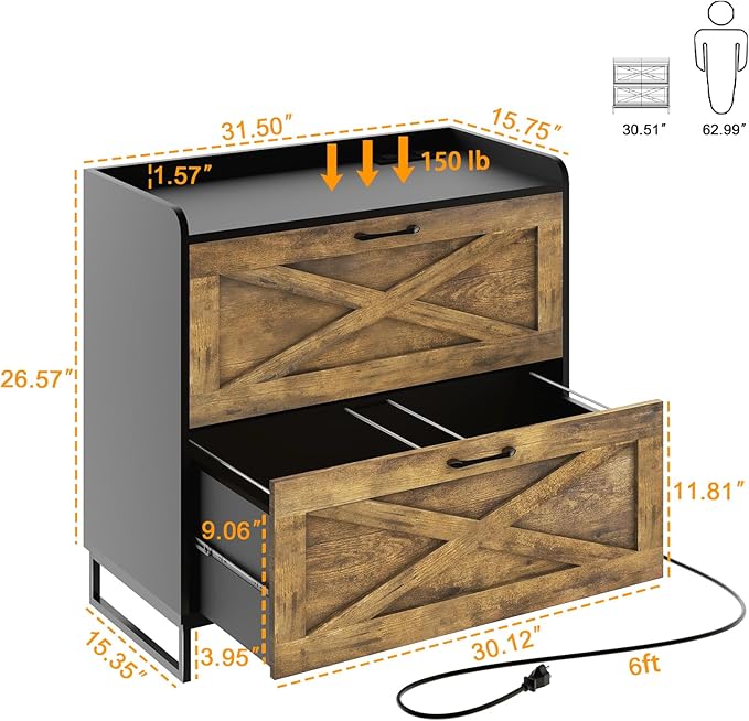 Lateral File Cabinet with Charging Station, 2 Drawer File Cabinet for Letter/Legal/A4 Size Hanging Files, Large Wood File Storage Cabinets, Rustic Brown and Black