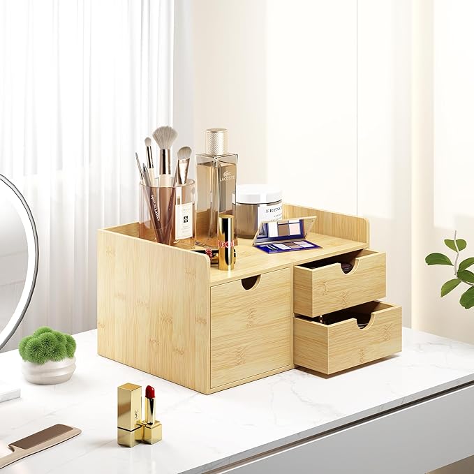 Wisuce Bamboo Desk Drawer Organizer, 3 Drawer Desktop Organizer with Drawers Tabletop Storage Organization Box for Office Home Toiletries Supplies Vanity, No Assembly Required