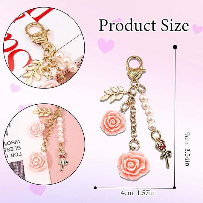 Rose Purse Charms Cute Flower Keychain With Heart Sticker Charm Chain For Kindle Colorful Bag Charms For Handbags